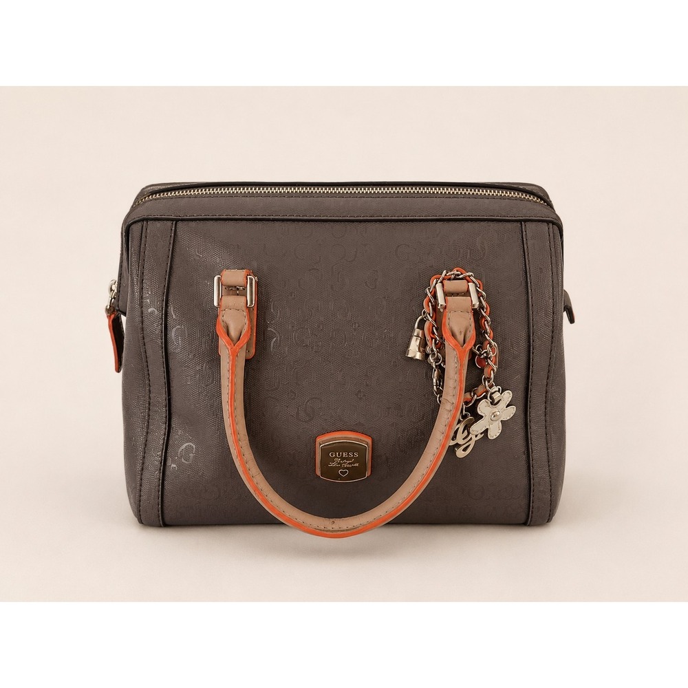 Guess Fawn Patent Barrel Satchel Top Handle Bag Beige Orange Trim Y2K Purse